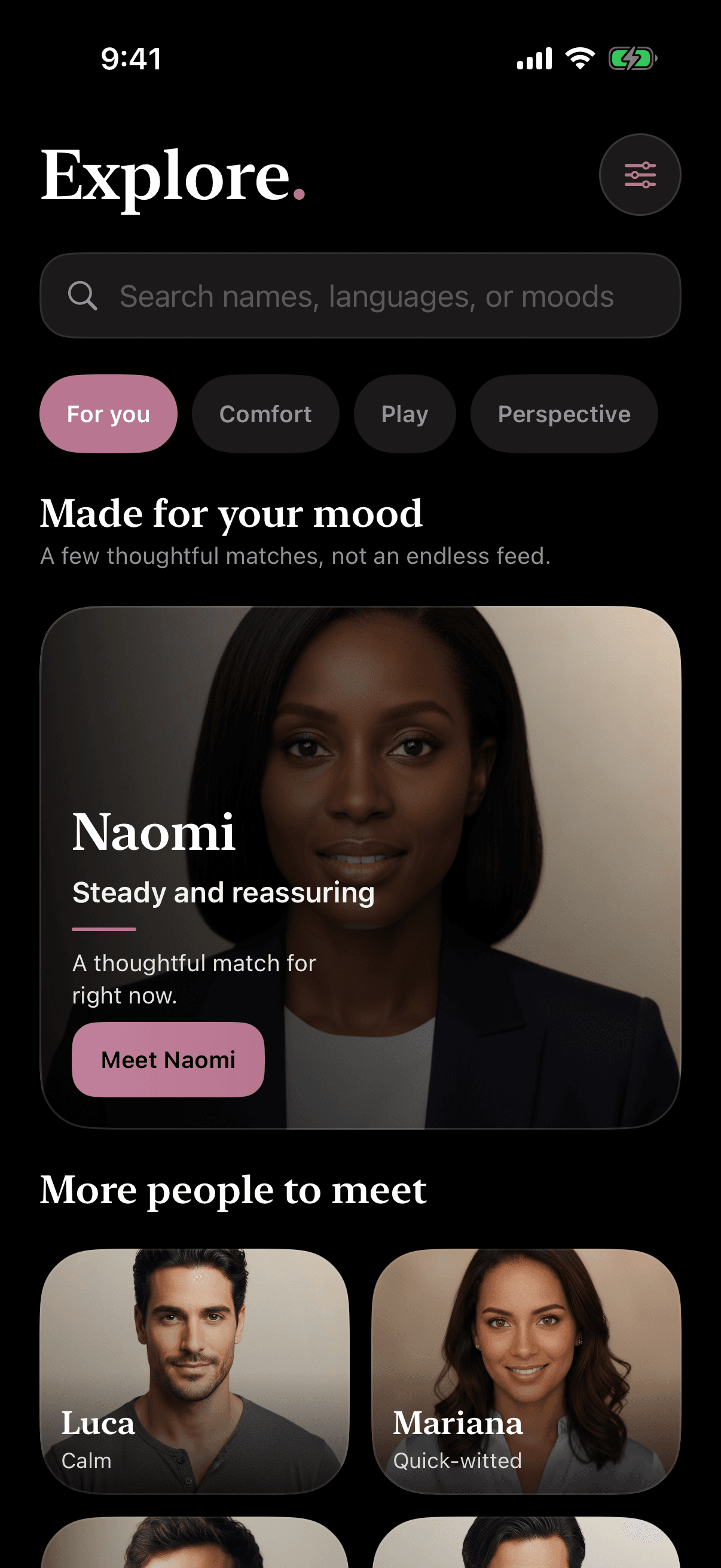 ai.boo Explore screen with curated fictional AI companions.