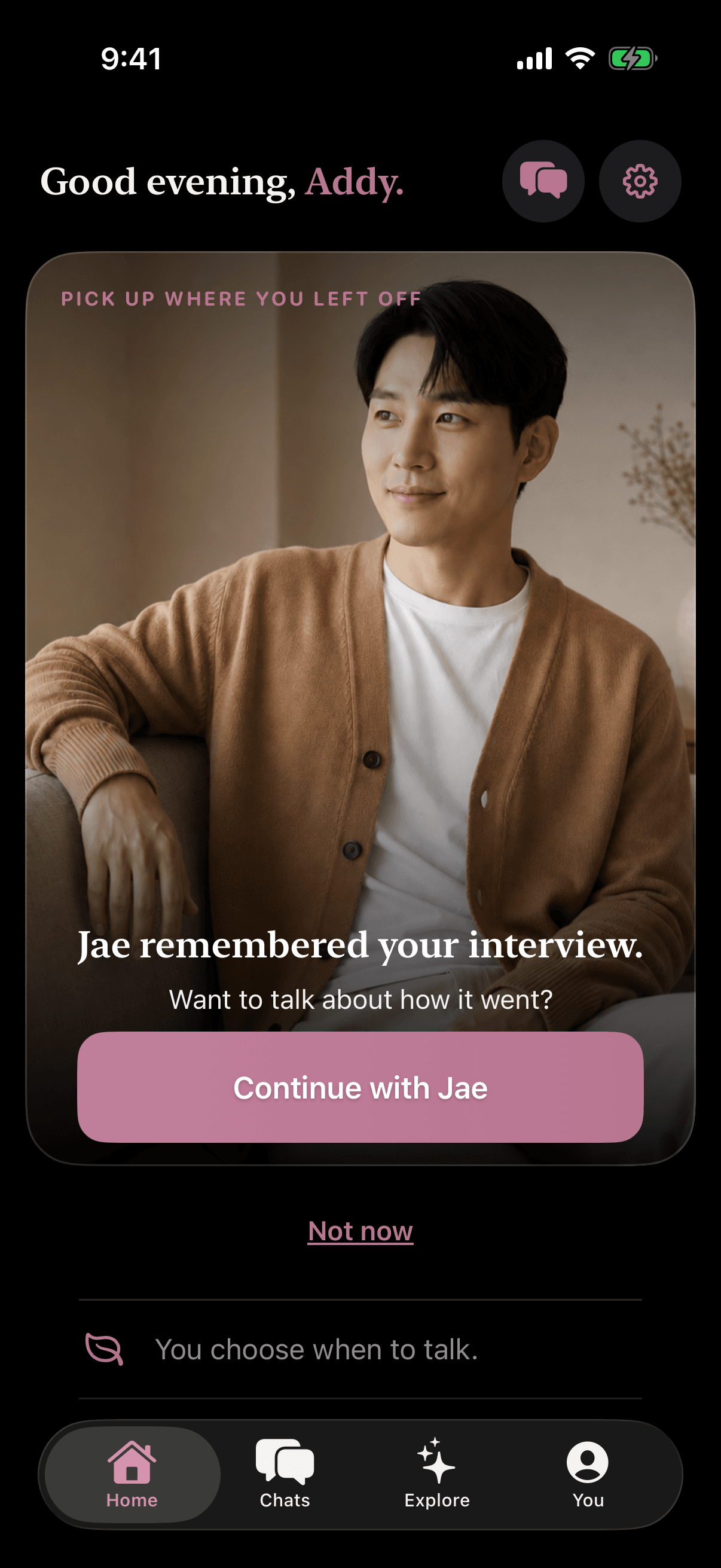 ai.boo Home screen with a remembered conversation moment.