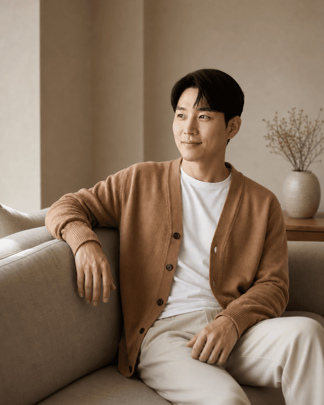 Jae, a fictional AI companion, seated in a warm living room.