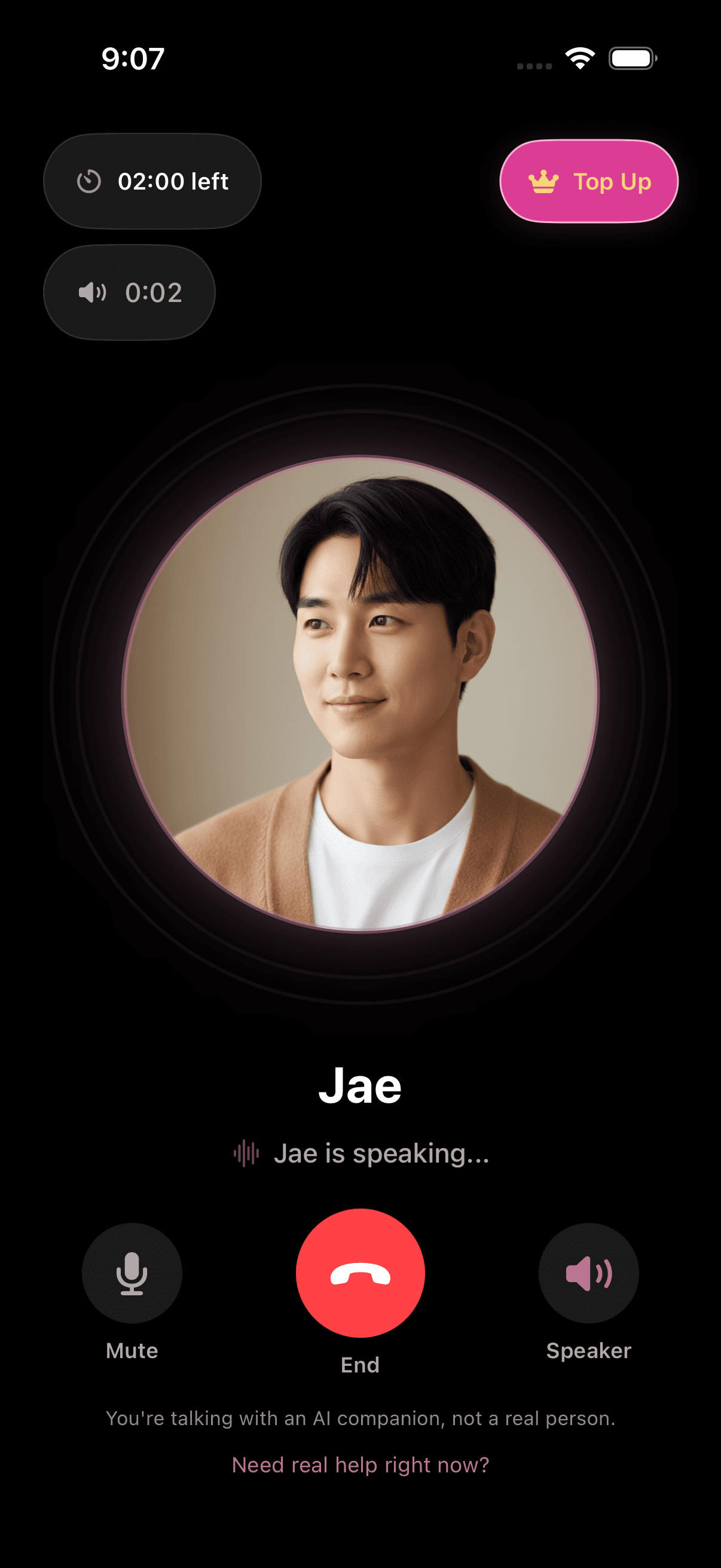 ai.boo live AI companion voice call screen.